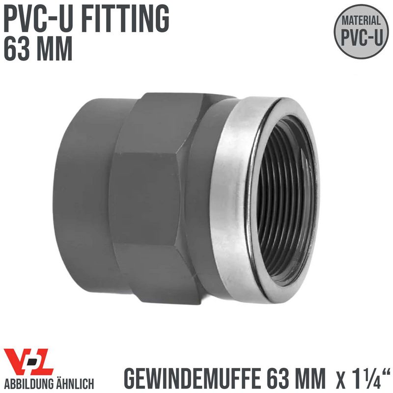 63 mm VDL PVC Klebe Fitting Gewinde Muffe Verbinder verstärkt 63 mm x 1 1/4" - PN 16 bar