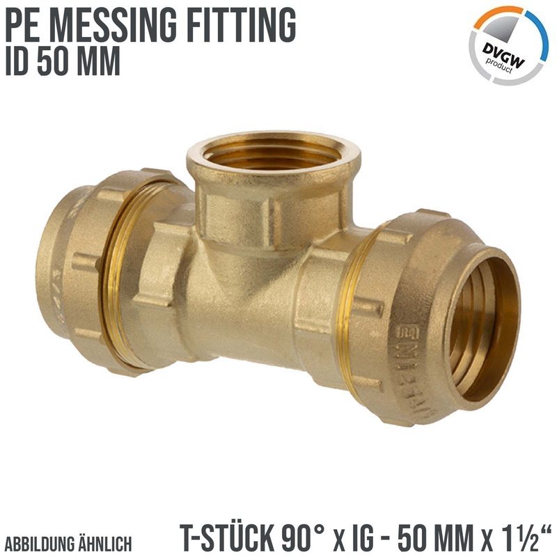50 mm x 1 1/2" PE Fitting Klemm Verbinder Messing Verschraubung Muffe T-Stück 90° x IG DVGW - PN 16 bar