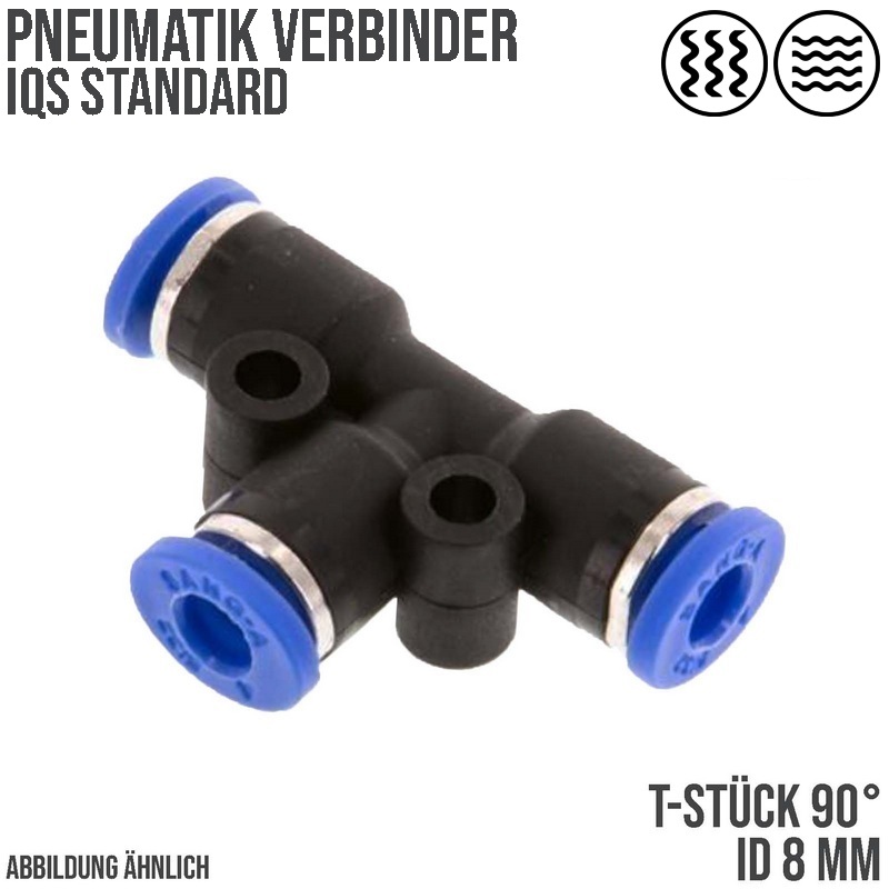 8 mm Pneumatik Steck Verbinder IQS T-Stück 90° blau/schwarz PA PU Schlauch - PN 20 bar