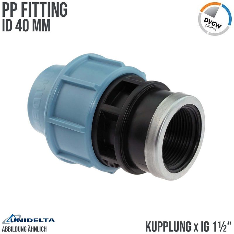 40 mm x 1 1/2" PE PP Fitting Klemm Verbinder Verschraubung Muffe Rohr Kupplung x IG DVGW - Unidelta