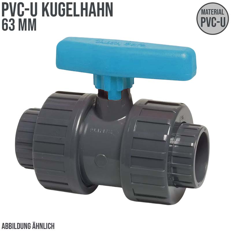 63 mm PVC Kugel Absperr Hahn Ventil beidseitige Klebemuffe Fitting PN 16 bar - blauer Griff