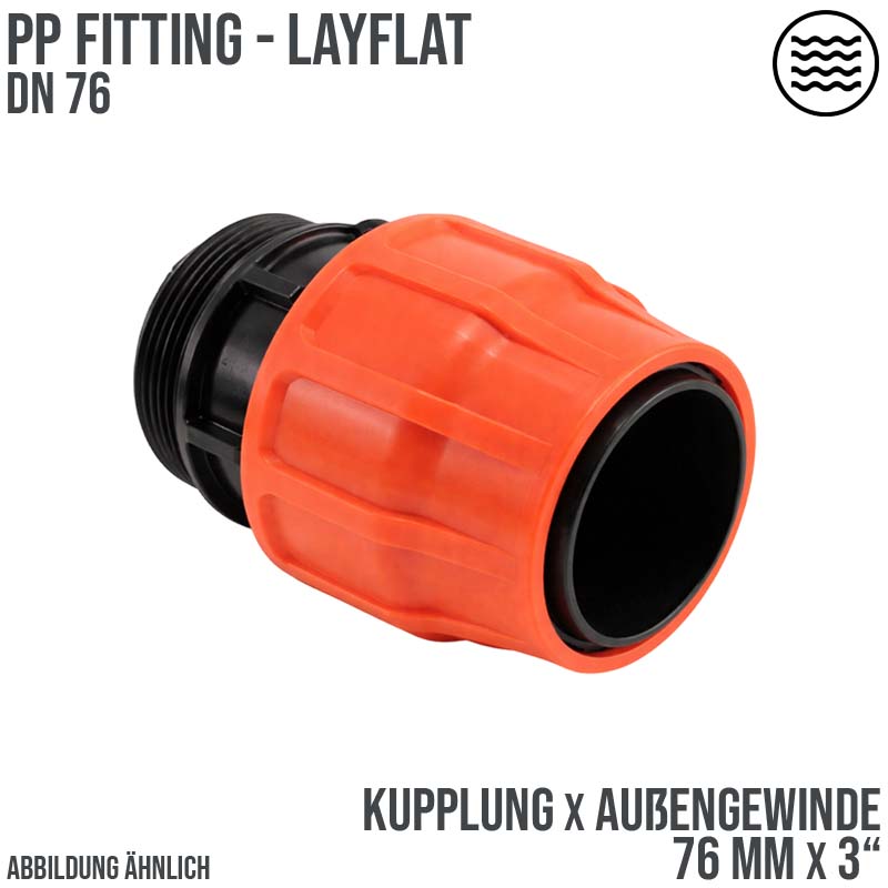 76 mm x 3" PE PP Fitting Layflat Klemm Verbinder Kupplung x Außengewinde AG Flach Schlauch - PN 6 bar