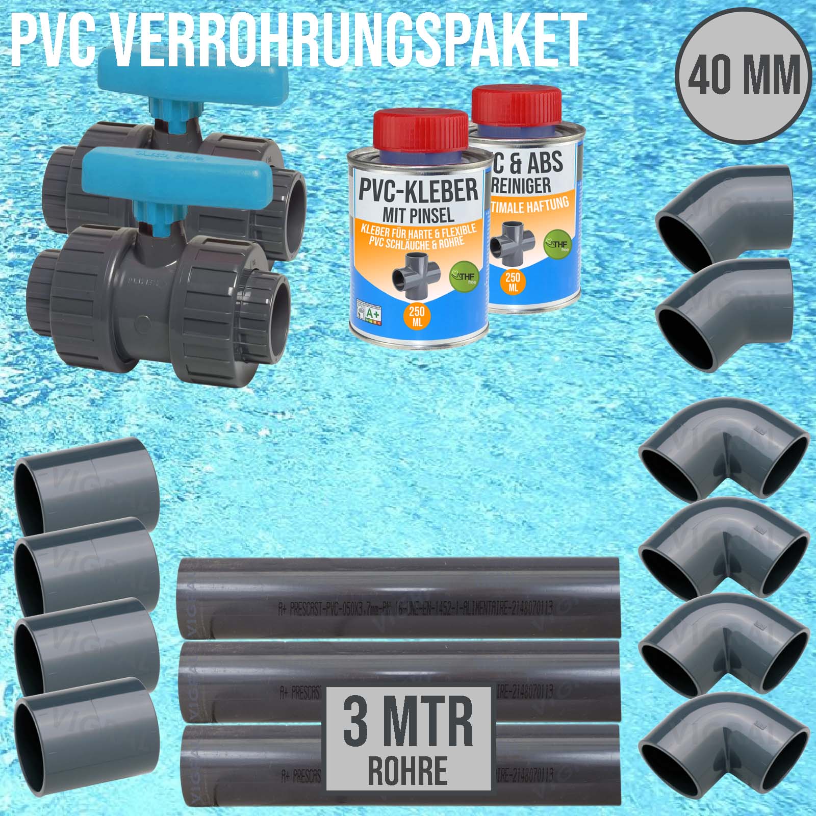 40 mm PVC Klebe Fittings Verrohrungspaket Pool Schwimmbad Schlauch Rohr FEST - 3 m - blau