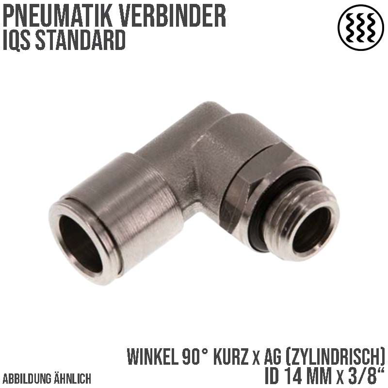 14 mm x 3/8" Pneumatik Steck Verbinder Winkel 90° kurz IQS MSV Messing Außengewinde zylindrisch - PN 16 bar