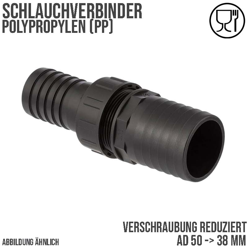 50 x 38 mm Schlauch Verschraubung reduziert 2-fach Stutzen Tülle Pool Teich Garten PP schwarz - PN 6 bar
