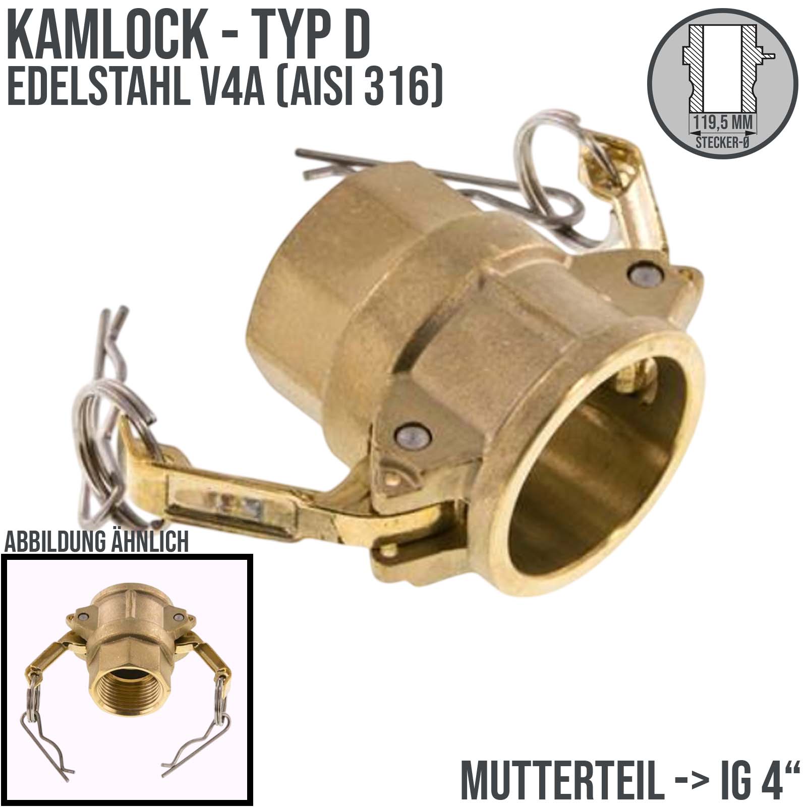 Kamlock Typ D - Mutterteil Messing MS mit Innengewinde (IG) für Stecker 119,5 mm - 4" Zoll DN100 - PN 6,5 bar