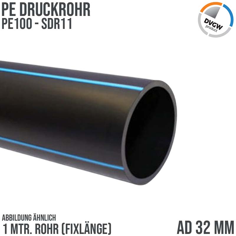 32 x 3,0 mm PE PP Rohr HD Druckrohr Trink Brauch Wasser PE 100 DVGW SDR 11 PN 16 bar - 1 m Fixlänge