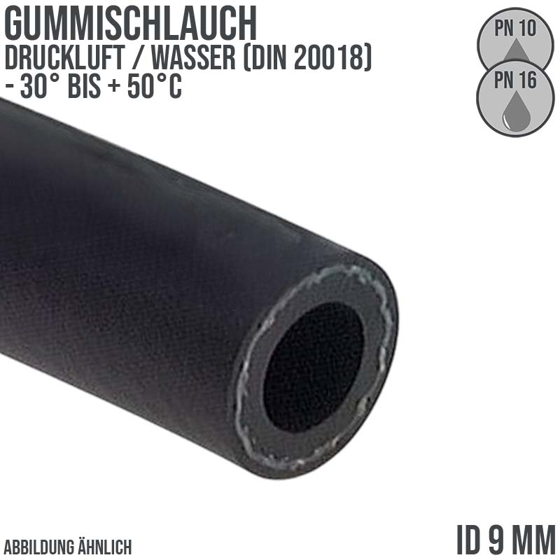 9 x 16 mm Gummi Druckluft Universal Wasser Luft Kompressor Schlauch schwarz - PN 10/16 bar