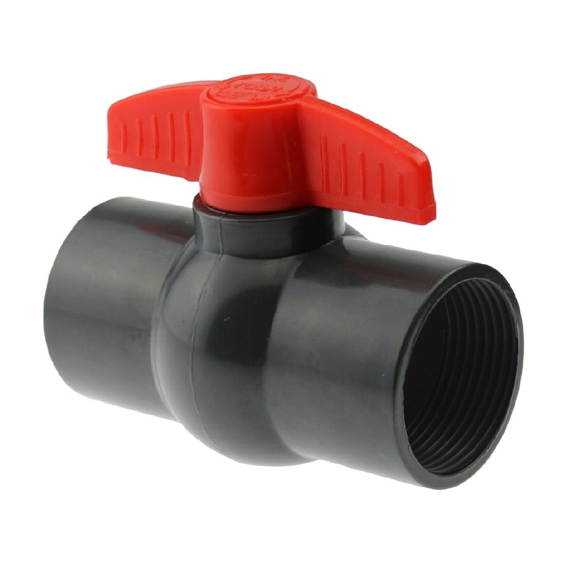 2 1/2" PVC Kugel Absperr Hahn Ventil ECO grau beitseitiges Innengewinde PN 10 bar - roter Griff