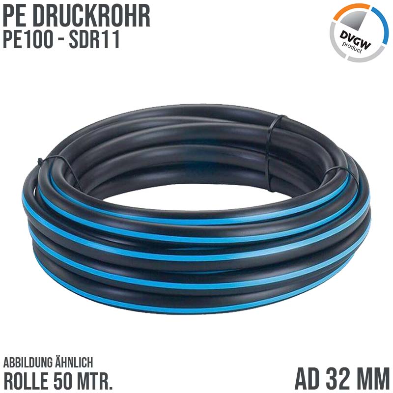 32 x 3,0 mm PE PP Rohr HD Druckrohr Trink Brauch Wasser PE 100 DVGW SDR 11 PN 12,5 bar - 50 m Rolle