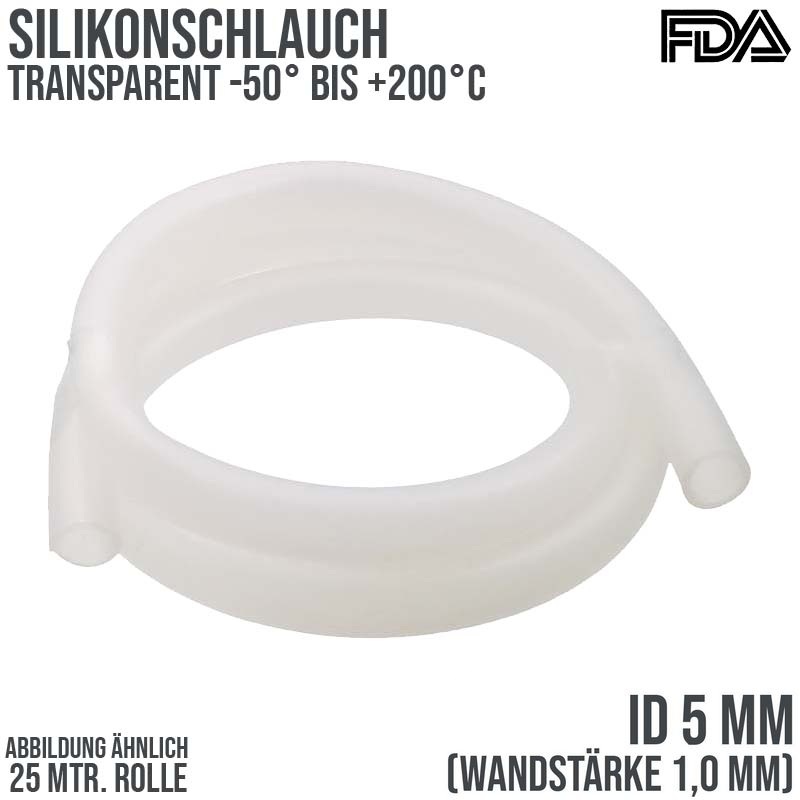 5 x 7 mm Silikon Silicon Milch Schlauch transparent lebensmittelecht FDA 0,45 bar - 25 m