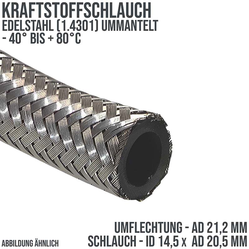 14,5 x 20,5 mm Kraftstoff Silber Benzin Öl Schlauch Edelstahl 1.4301 Draht Umflechtung NBR - PN 15 bar