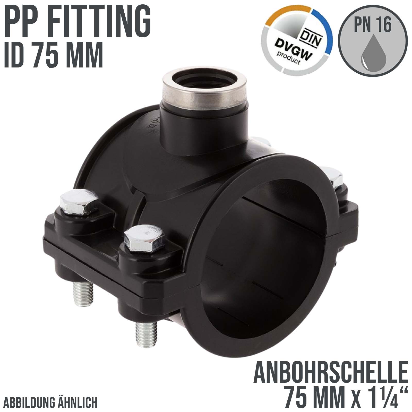 75 mm x 1 1/4" PP PE Anbohr Abzweig Schelle Klemmschale x Innengewinde DVGW - PN 16 bar