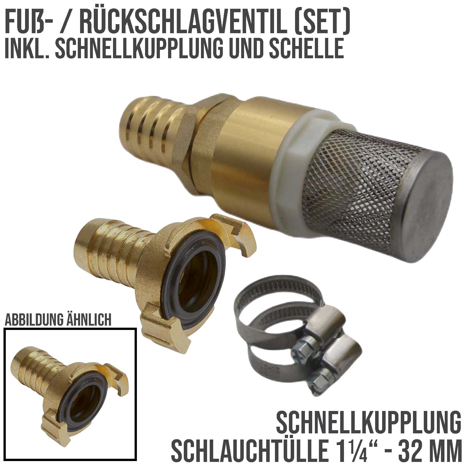 32 mm 1 1/4" Zoll Rückschlagventil Saugkorb Fußventil mit Schlauchtülle Messing + Schnellanschluss 32 mm 1/4"