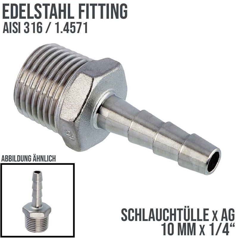 10 mm x 1/4" Zoll Schlauch Tülle Stutzen Außengewinde AG Nippel Edelstahl AISI 316 VA  Fitting - PN 20 bar