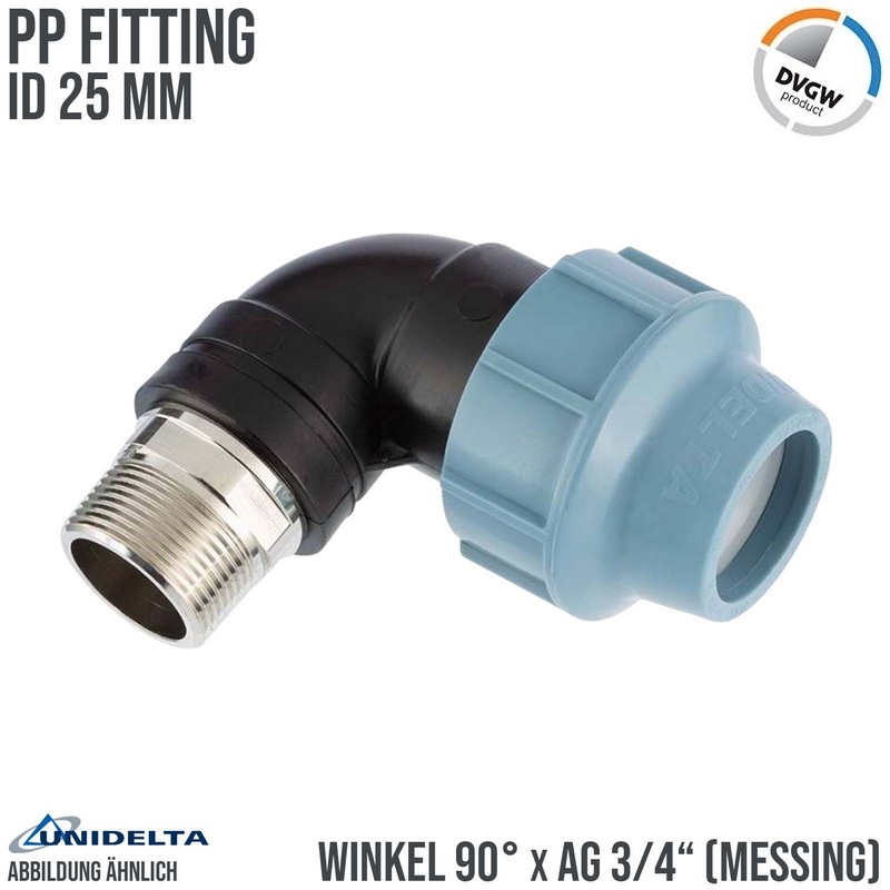 25 mm x 3/4" PE PP Fitting Klemm Verbinder Rohr Winkel 90° x Messing AG DVGW - Unidelta