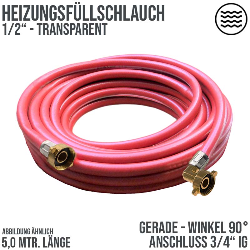 5,0 m Heizungs Füll Wasser Heizkörper Radiator Sanitär Schlauch rot - 3/4" Gerade/Winkel Anschluss - PN 8 bar