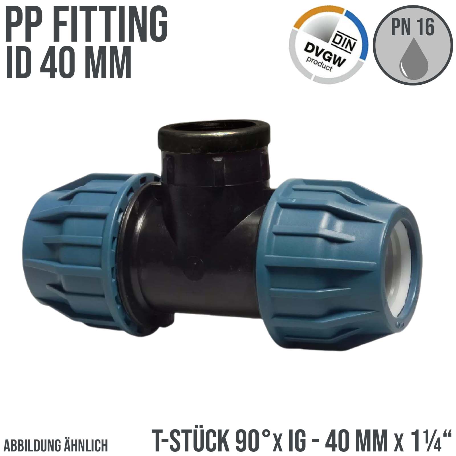 40 mm x 1 1/4" PE PP Fitting Klemm Verbinder Verschraubung Rohr T-Stück 90° x IG DVGW - PN 16 bar 