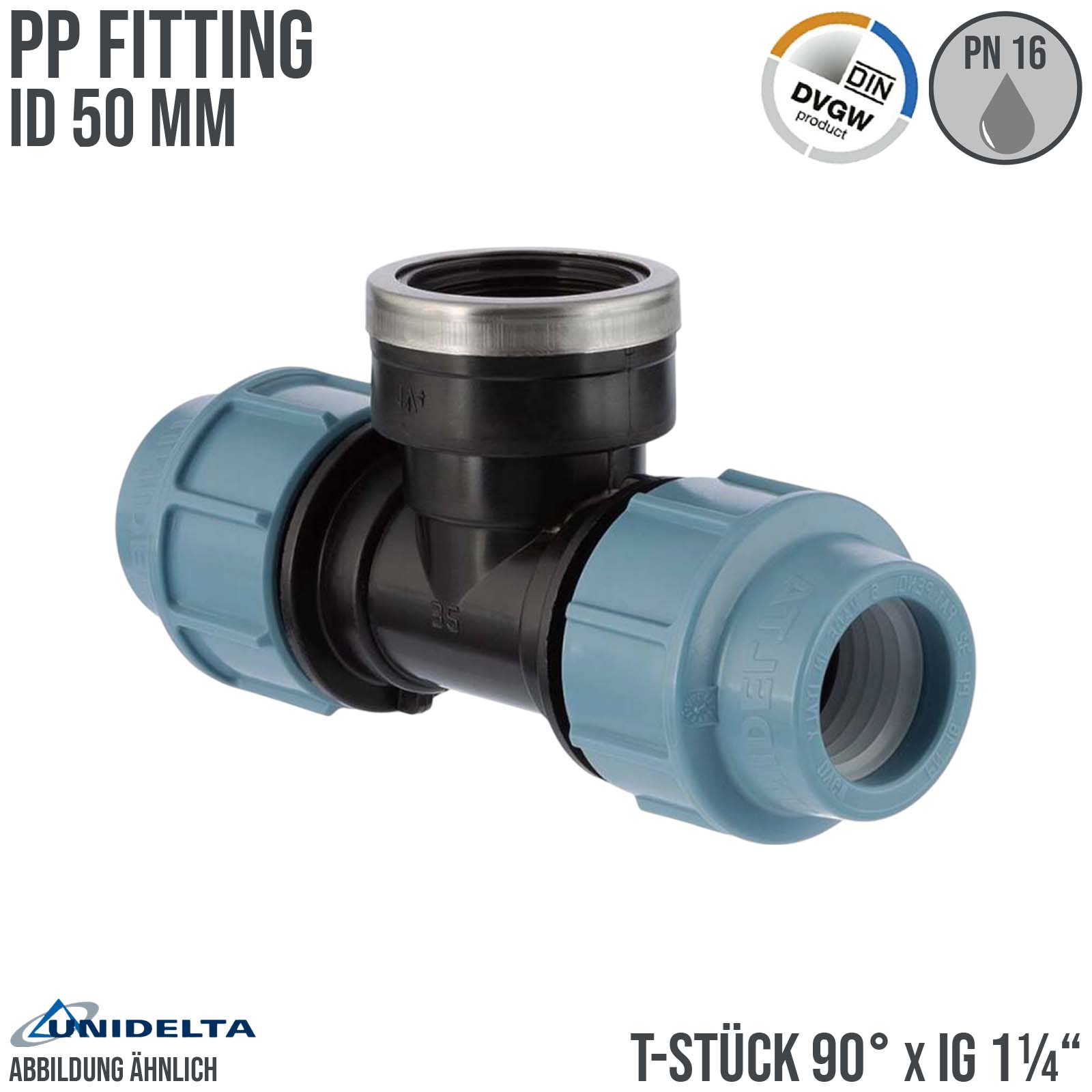 50 mm x 1 1/4" PE PP Fitting Klemm Verbinder Verschraubung Rohr T-Stück 90° x IG DVGW - Unidelta 