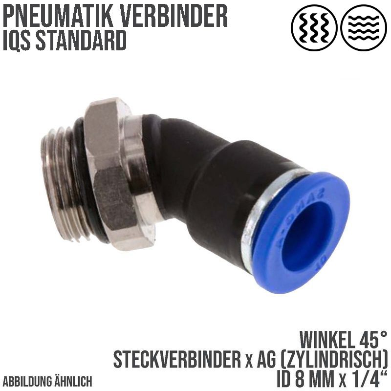 8 mm x 1/2" Pneumatik Steck Verbinder Winkel 45° IQS Außengewinde konisch - PN 20 bar