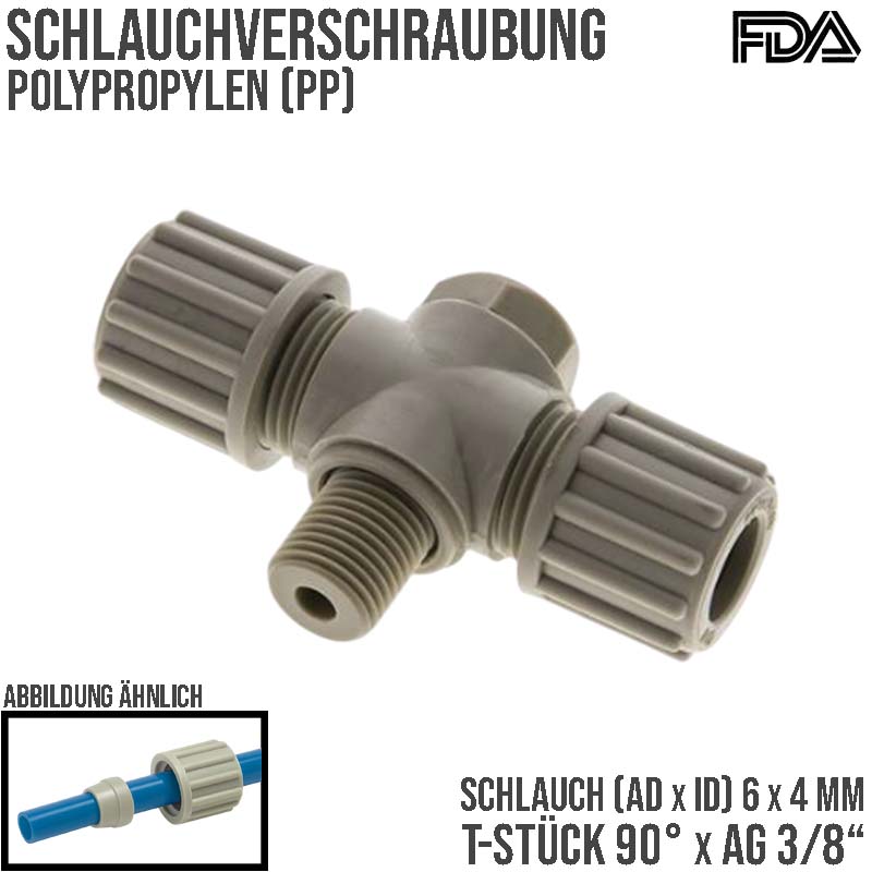 6 x 4 mm x 3/8" T-Stück 90° Kupplung Aussengewinde PA PP Schlauch Verbinder FDA drehbar - PN 10 bar