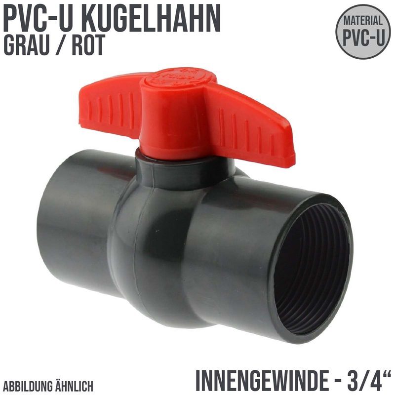 3/4" PVC Kugel Absperr Hahn Ventil ECO grau beitseitiges Innengewinde PN 10 bar - roter Griff