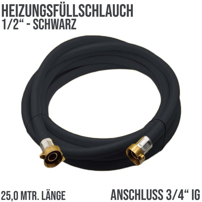 25 m Heizungs Füll Wasser Heizkörper Radiator Sanitär Schlauch schwarz - 3/4" Anschluss - PN 8 bar