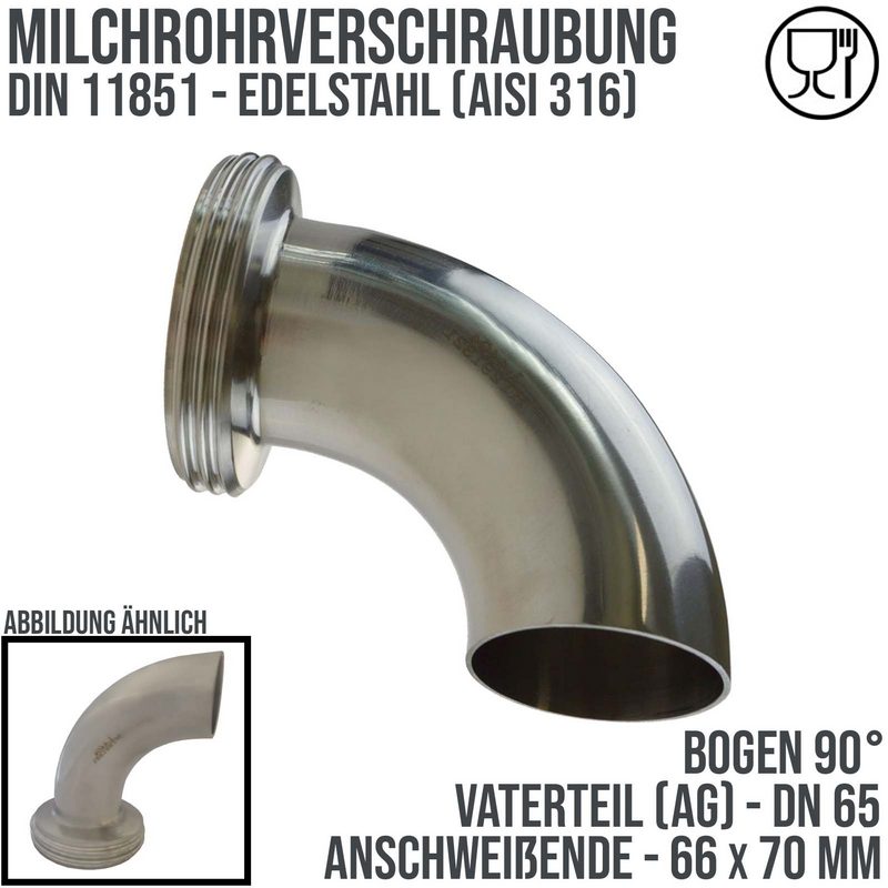 DN 65 Milchrohr Verschraubung DIN 11851 VT Vaterteil Stutzen 90° Bogen ÜWM Außengewinde Anschweißende ID x AD 66 x 70 mm - PN 25 bar