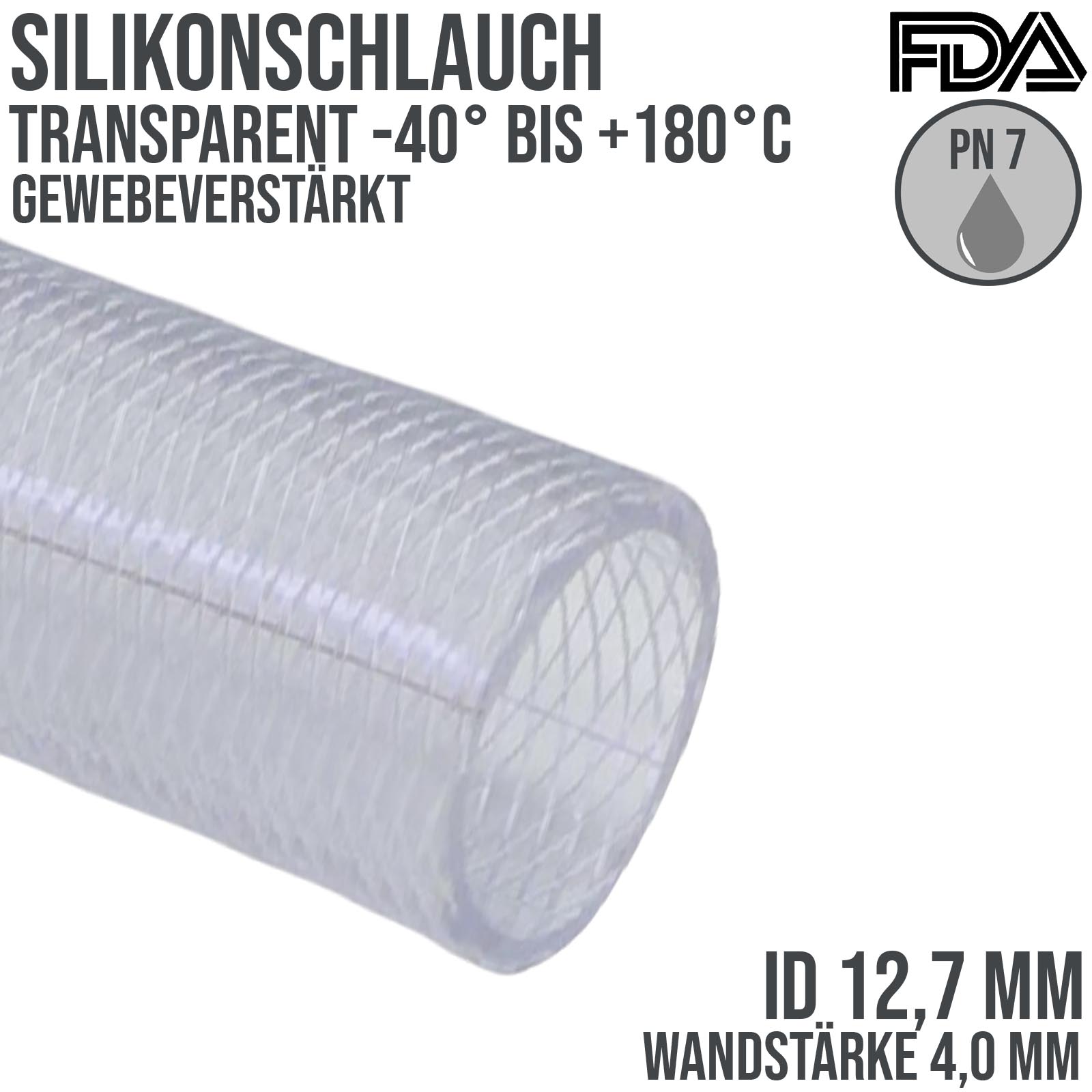 12,7 x 20,7 mm Silikon Silicon Schlauch Gewebe transparent lebensmittelecht FDA PN 7 bar