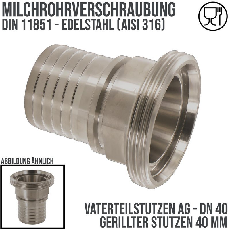 DN 40 Milchrohr Verschraubung DIN 11851 Vaterteil Stutzen VT Außengewinde RD Sicherungsbund - Stutzen gerillt 40 mm - PN 25 bar
