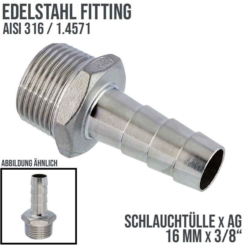 16 mm x 3/8" Zoll Schlauch Tülle Stutzen Außengewinde AG Nippel Edelstahl AISI 316 VA  Fitting - PN 20 bar