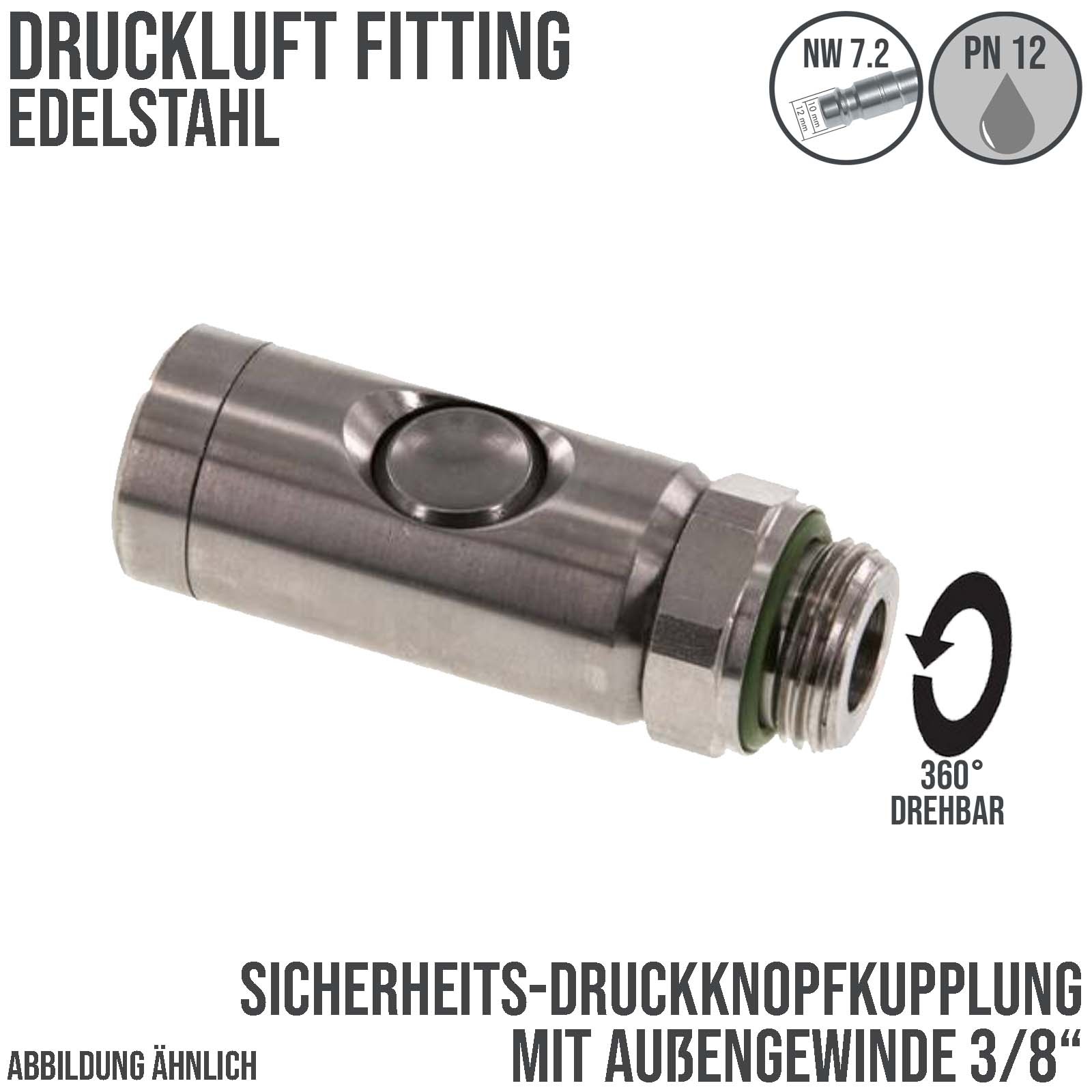 Druckluft Sicherheitskupplung drehbar Edelstahl NW 7.2 Außengewinde AG 1/4" - PN 12 bar