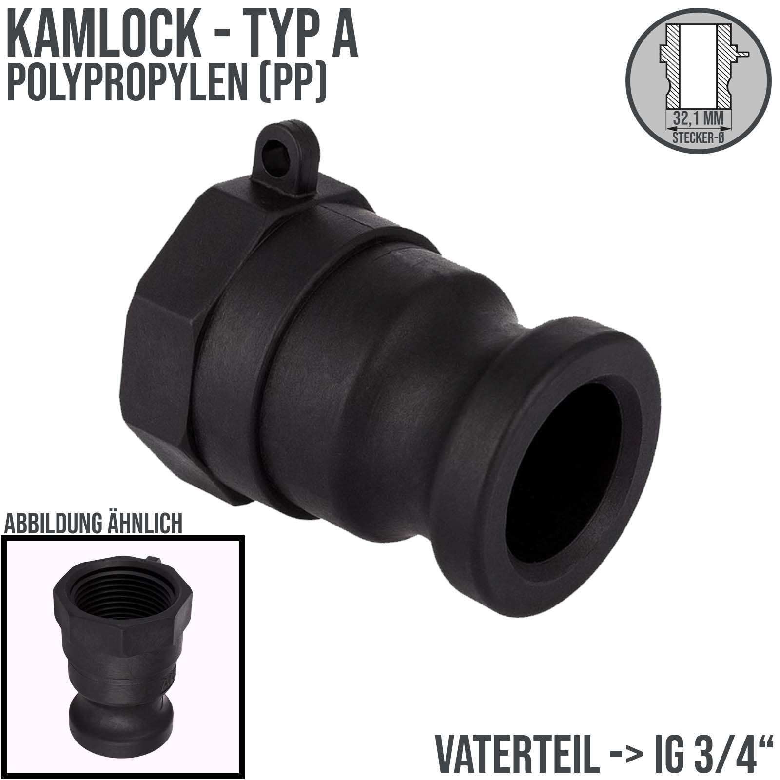 Kamlock Typ A - Vaterteil PP Polypropylen - 32,1 mm Stecker mit Innengewinde (IG) 3/4" Zoll DN 20 - PN 6 bar