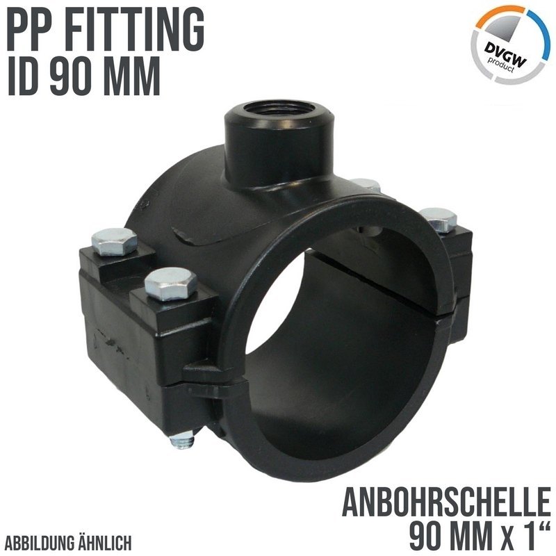 90 mm x 1" PP PE Anbohr Abzweig Schelle Klemmschale x Innengewinde DVGW [PN16]