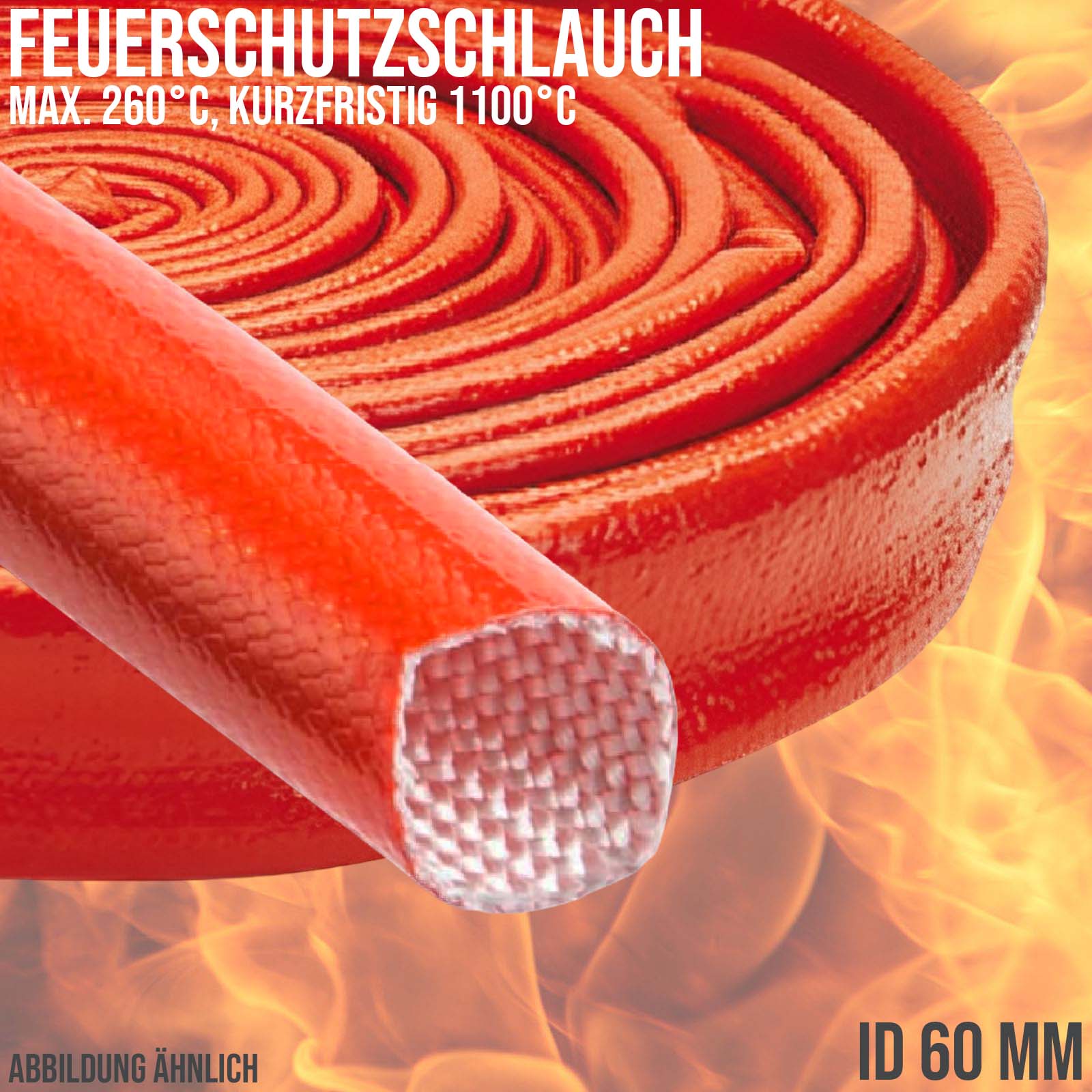 60 x 4,0 mm Feuer Flamm Brand Schutz Schlauch Silikon Fiberglas DN rot EN 45545 DIN5510-2 - 20 m