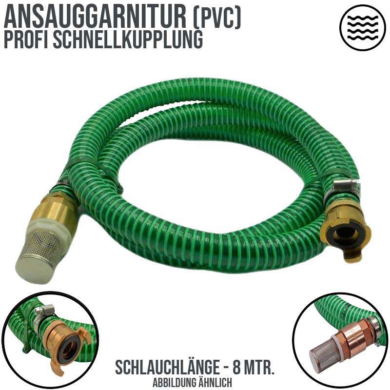 25 mm 1" Zoll Ansaug Saug Schlauch Pumpen Garnitur PROFI Schnellkupplung grün - 8 m