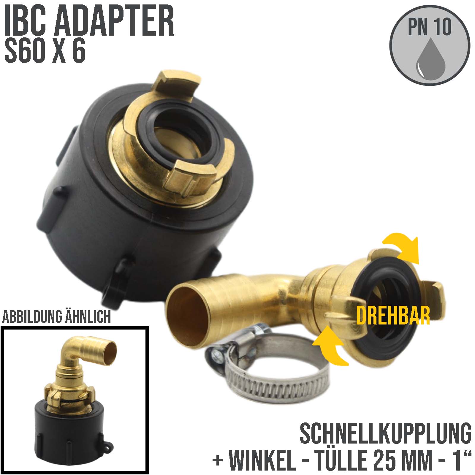 S60 x 6 IBC Adapter auf Schnellanschluss + 90° Kupplung drehbar 1" 25mm Container Tank Zubehör (GEKA kompatibel) 