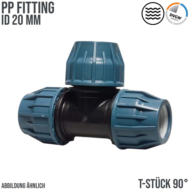 20 mm PE PP Fitting Klemm Verbinder Verschraubung Muffe Rohr T-Stück 90° DVGW - PN 16 bar