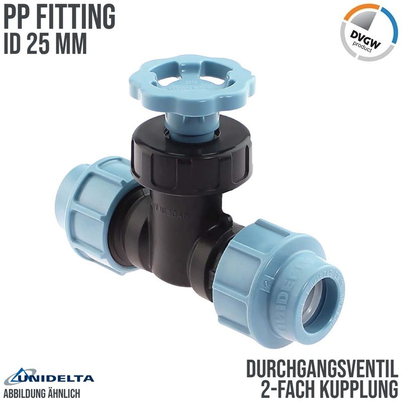 25 mm PE PP Durchgangsventil 2-fach Klemm Muffe Kupplung PN 16 bar DVGW KIWA WRAS Unidelta