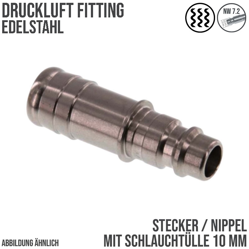 10 mm Druckluft Stecker Nippel Einsteck Schlauch Tülle Edelstahl NW 7,2 LW - PN 35 bar