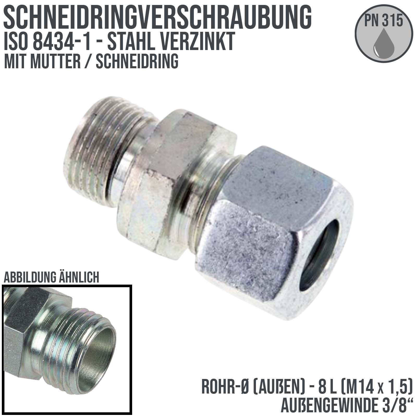 3/8" AG 8 L Schneidring Verschraubung Außengewinde M 14 x 1,5 Stahl verzinkt - PN 315 bar