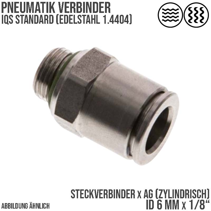 6 mm x 1/8" Pneumatik Schnell Steck Verbinder IQS Edelstahl VA 1.4404 Außengewinde zylindrisch - PN 15 bar