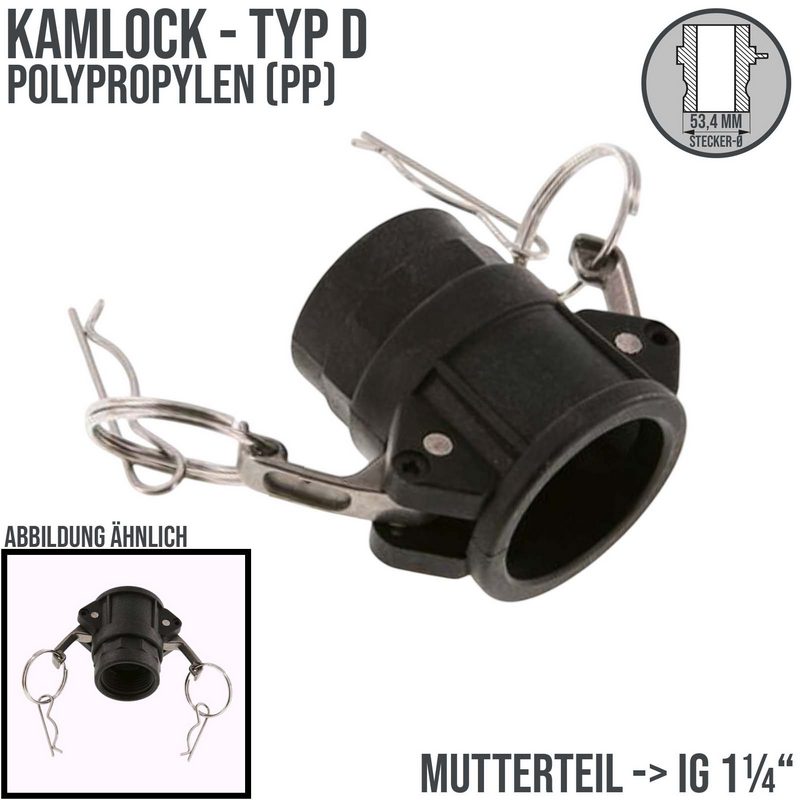 Kamlock Typ D - Mutterteil Polypropylen PP mit Innengewinde (IG) für Stecker 53,4 mm - 1 1/4" Zoll DN40 - PN 6,5 bar