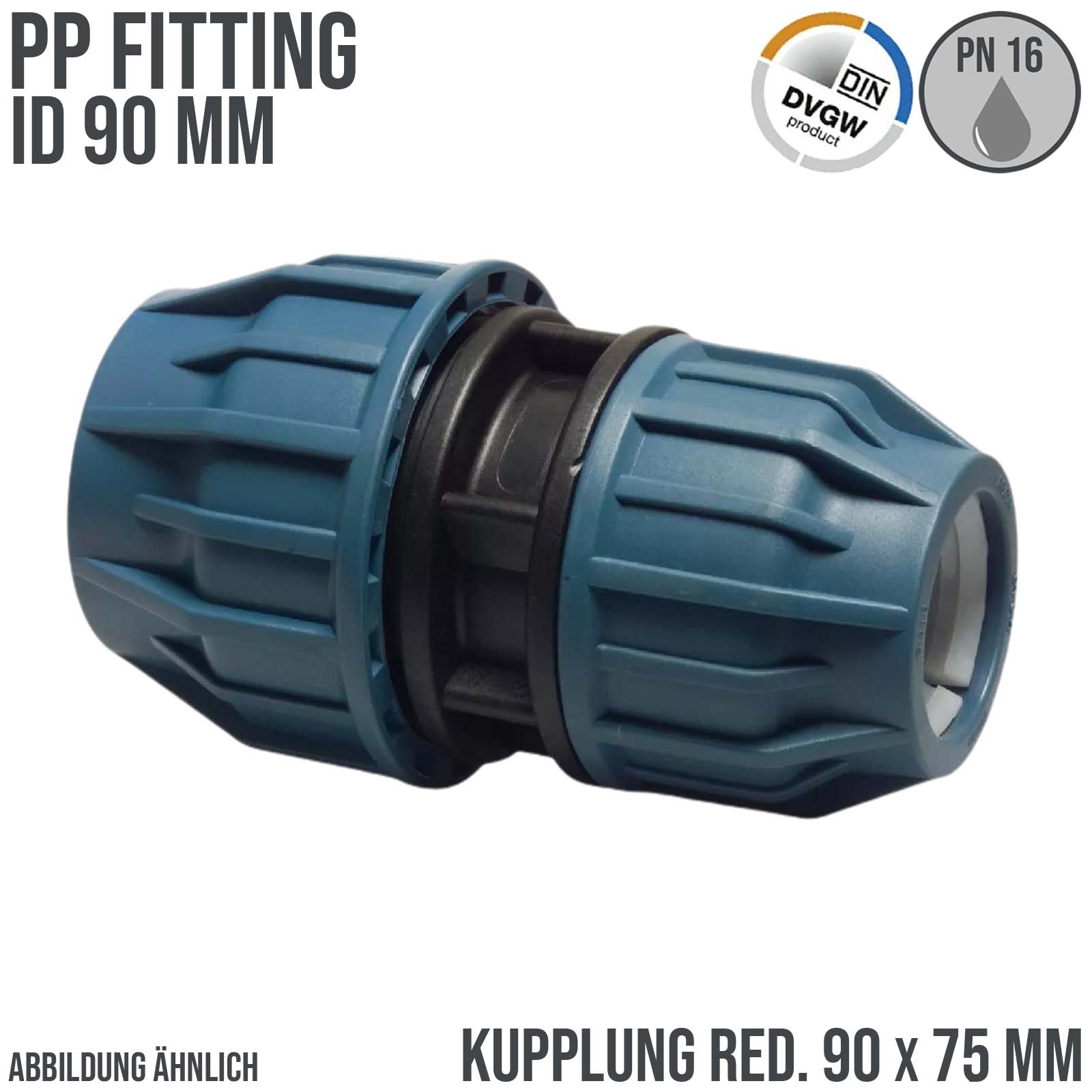 90 x 75 mm PE PP Fitting Klemm Verbinder reduziert Verschraubung Muffe Kupplung DVGW - PN 16 bar