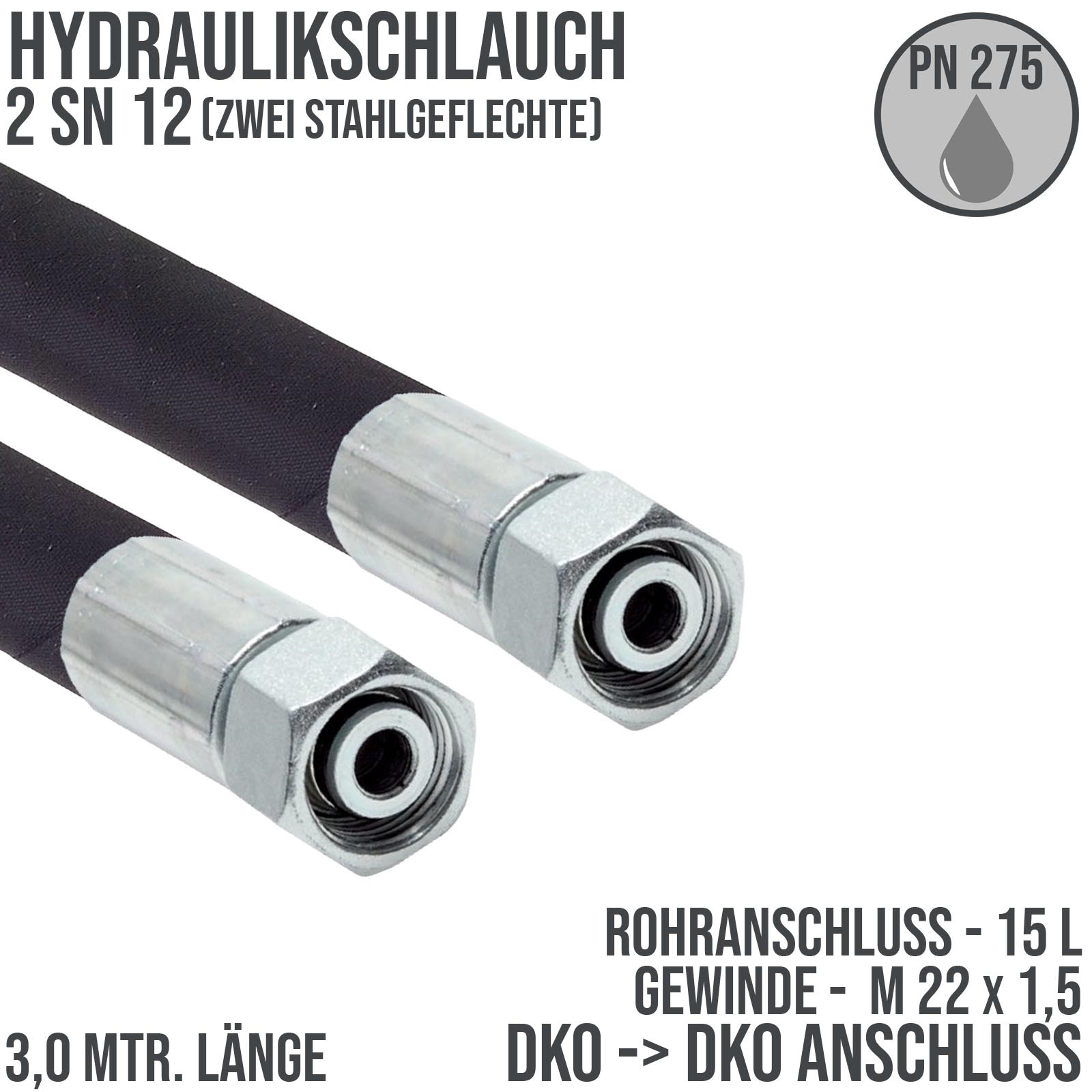 Hydraulikschlauch DN 12 2SN12 - 15 L DKO auf DKO Anschluss IG (M 22 x 1,5) - 3000 mm
