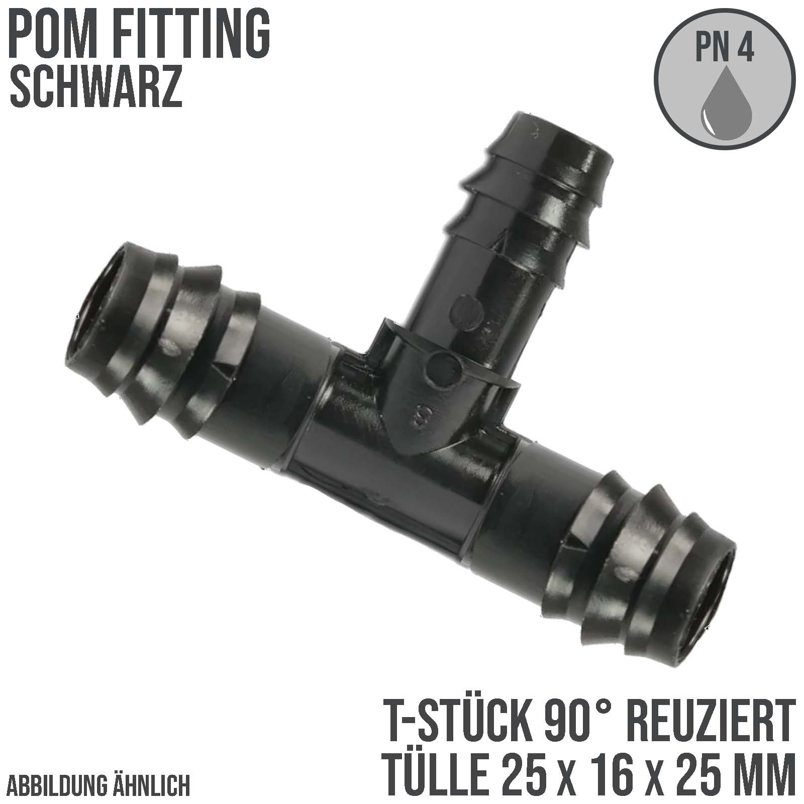 25 x 16 mm POM T-Stück 90° Schlauch Verbinder Stutzen Tülle reduziert Kupplung Tropf Fitting schwarz PN 4 bar