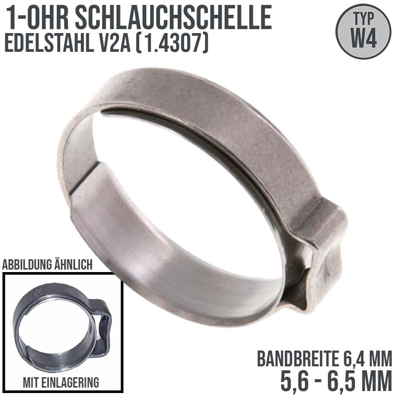 5,6 - 6,5 mm 1-Ohr Doppel Schlauch Schelle Einlagering Edelstahl 1.4307 W4 - Bandbreite 6,4 mm