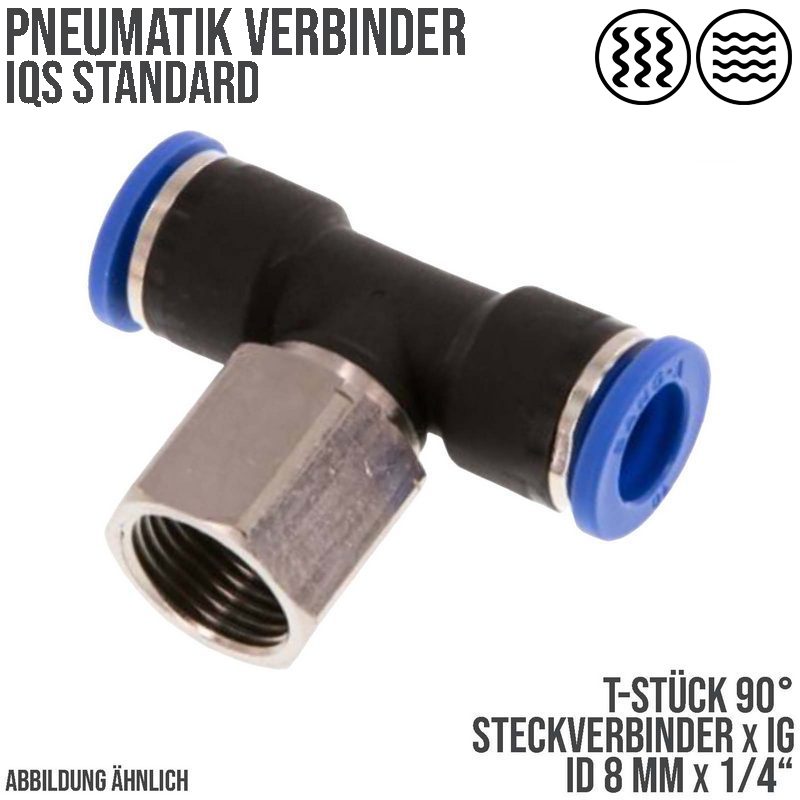 8 mm x 1/4" Pneumatik Steck Verbinder T-Stück 90° IQS Innengewinde - PN 20 bar