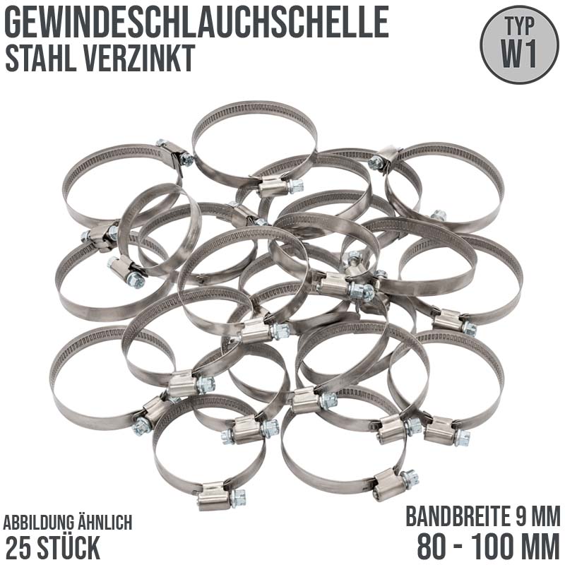 80 - 100 mm Schlauchschelle W1 Stahl verzinket Rohr Gewinde Schelle (Band 9 mm) - 25 Stück