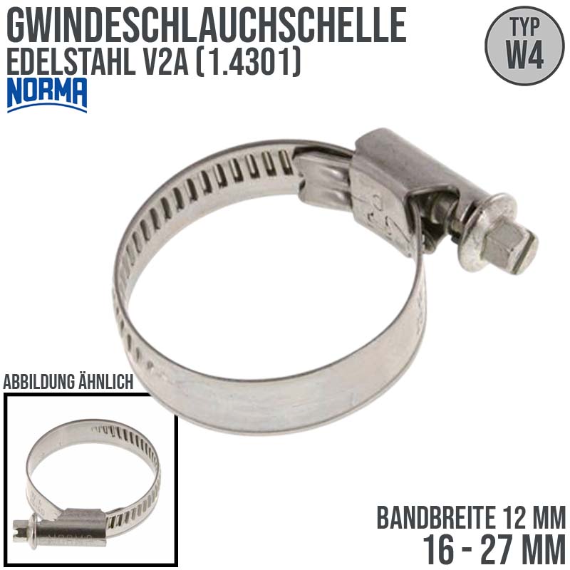 16 - 27 mm NORMA Schlauch Gewinde Rohr Schelle W4 Edelstahl 1.4301 - Band 12 mm
